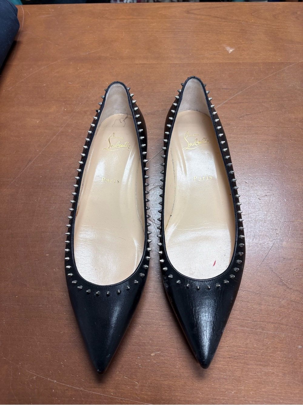 Christian Louboutin Black Pointed-Toe Studded Leather Flats